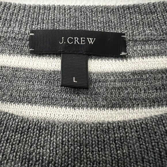 J Crew Merino Wool Gray White Striped Elbow Patch Tunic Sweater Size Large - Picture 2 of 6